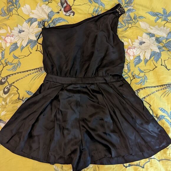 MCGINN black one shoulder pleated silk romper sz 6 euc - Picture 1 of 7